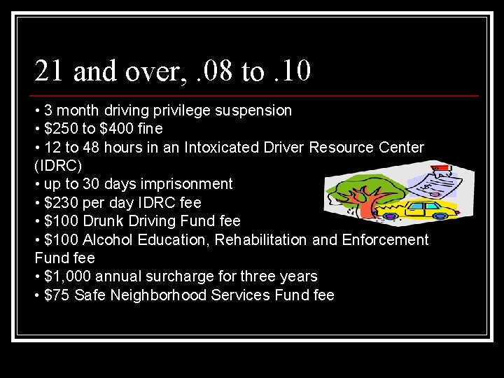 21 and over, . 08 to. 10 • 3 month driving privilege suspension • 21 and over, . 08 to. 10 • 3 month driving privilege suspension •