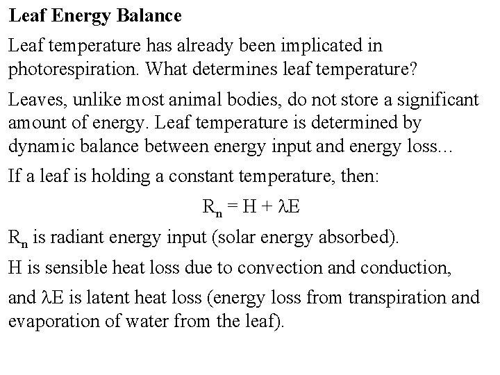 Leaf Energy Balance Leaf temperature has already been implicated in photorespiration. What determines leaf