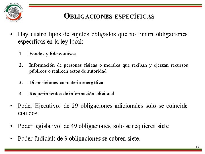 OBLIGACIONES ESPECÍFICAS • Hay cuatro tipos de sujetos obligados que no tienen obligaciones específicas