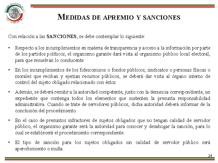 MEDIDAS DE APREMIO Y SANCIONES Con relación a las SANCIONES, se debe contemplar lo