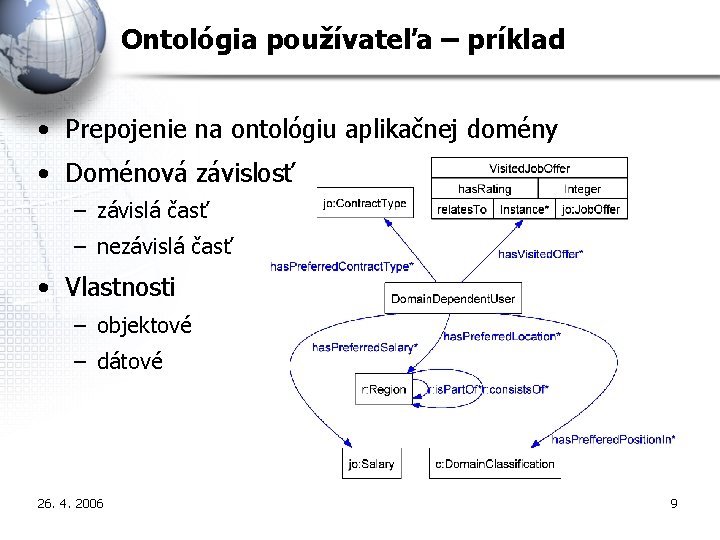 Ontológia používateľa – príklad • Prepojenie na ontológiu aplikačnej domény • Doménová závislosť –