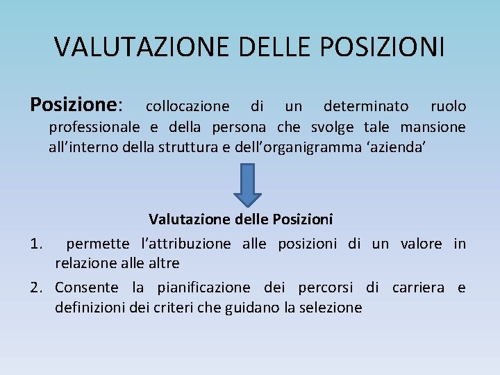 VALUTAZIONE DELLE POSIZIONI Posizione: collocazione di un determinato ruolo professionale e della persona che