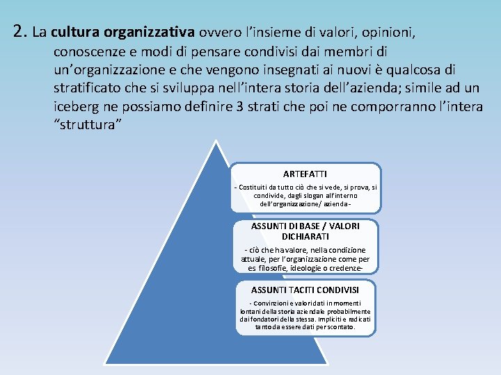 2. La cultura organizzativa ovvero l’insieme di valori, opinioni, conoscenze e modi di pensare
