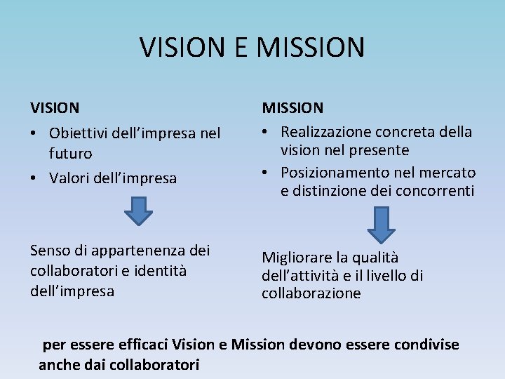 VISION E MISSION VISION • Obiettivi dell’impresa nel futuro • Valori dell’impresa MISSION •