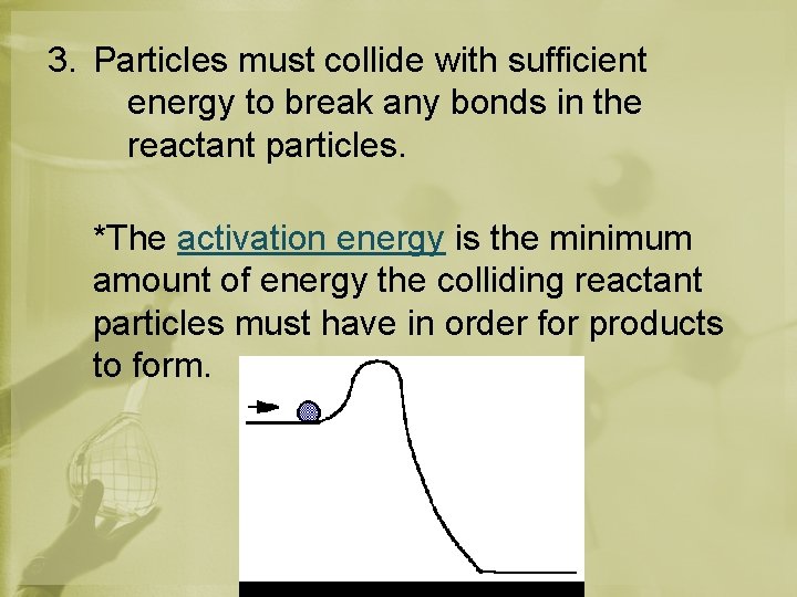 3. Particles must collide with sufficient energy to break any bonds in the reactant