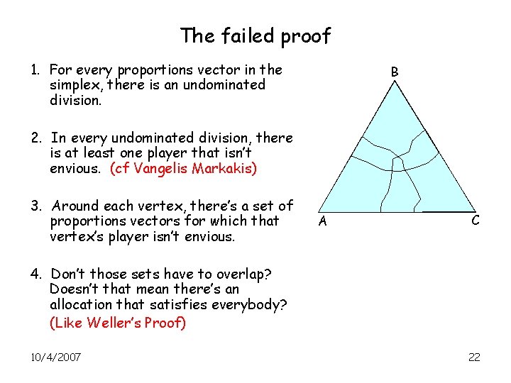 The failed proof 1. For every proportions vector in the simplex, there is an