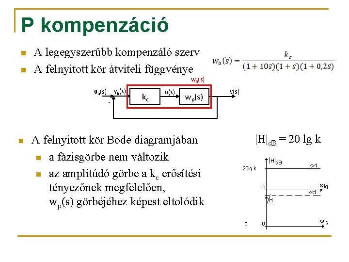 P kompenzáció n n A legegyszerűbb kompenzáló szerv A felnyitott kör átviteli függvénye w