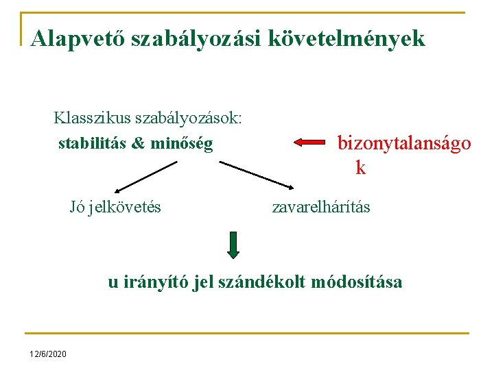 Alapvető szabályozási követelmények Klasszikus szabályozások: stabilitás & minőség Jó jelkövetés bizonytalanságo k zavarelhárítás u