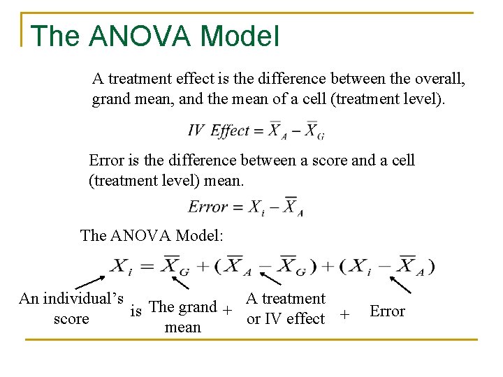 The ANOVA Model A treatment effect is the difference between the overall, grand mean,