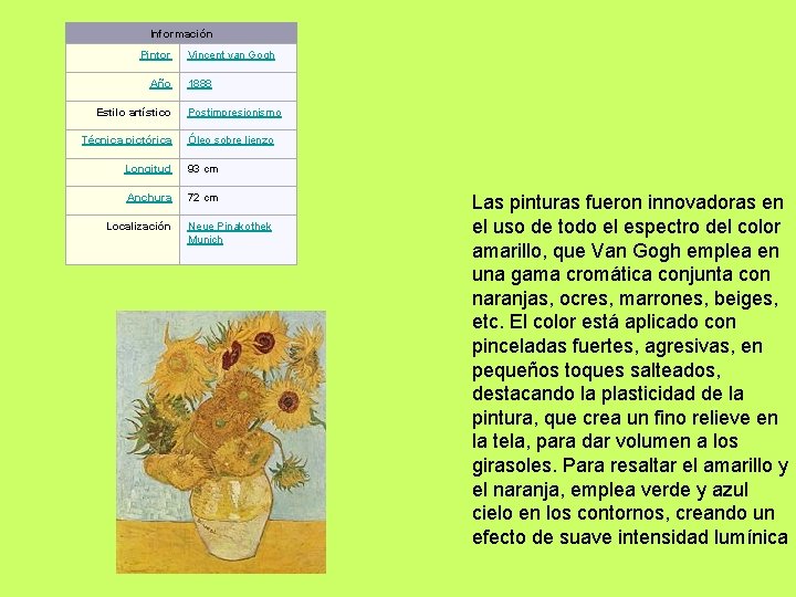 Información Pintor Año Estilo artístico Técnica pictórica Vincent van Gogh 1888 Postimpresionismo Óleo sobre