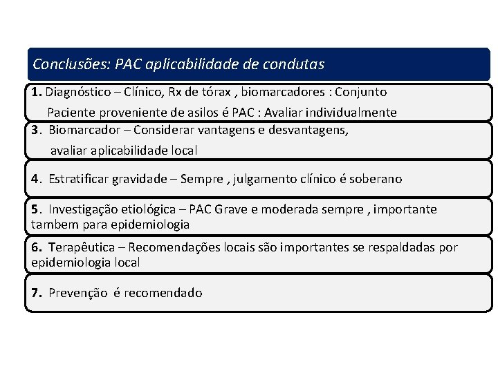 Conclusões: PAC aplicabilidade de condutas 1. Diagnóstico – Clínico, Rx de tórax , biomarcadores