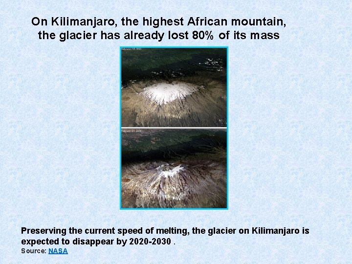 On Kilimanjaro, the highest African mountain, the glacier has already lost 80% of its