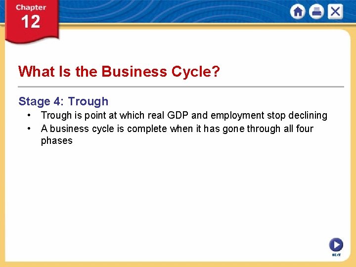 What Is the Business Cycle? Stage 4: Trough • Trough is point at which