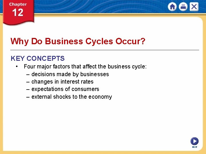 Why Do Business Cycles Occur? KEY CONCEPTS • Four major factors that affect the