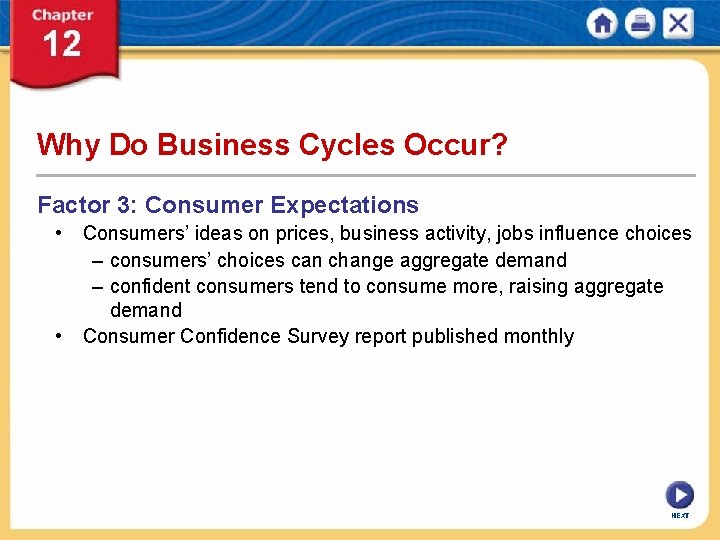 Why Do Business Cycles Occur? Factor 3: Consumer Expectations • Consumers’ ideas on prices,
