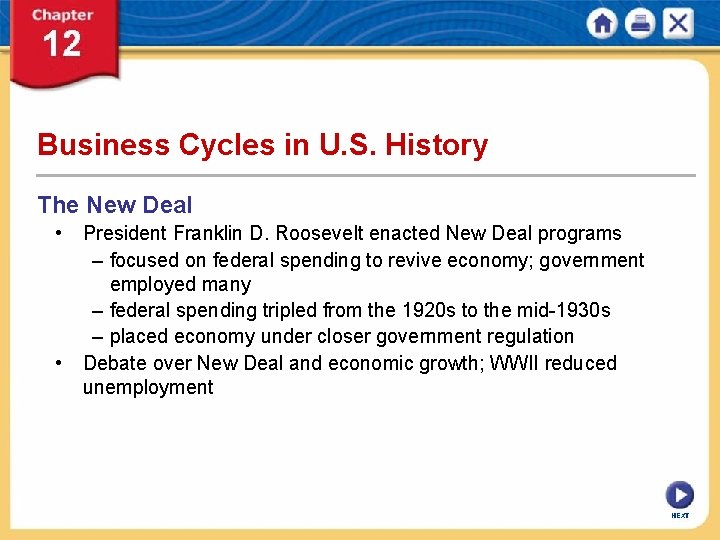 Business Cycles in U. S. History The New Deal • President Franklin D. Roosevelt