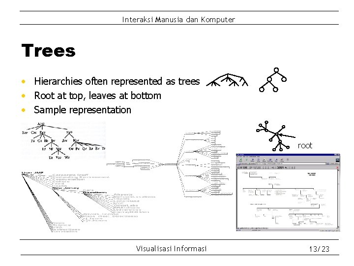 Interaksi Manusia dan Komputer Trees • Hierarchies often represented as trees • Root at