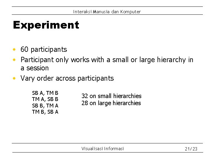 Interaksi Manusia dan Komputer Experiment • 60 participants • Participant only works with a