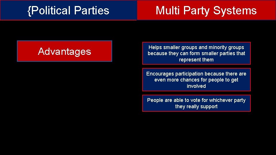 {Political Parties Advantages Multi Party Systems Helps smaller groups and minority groups because they