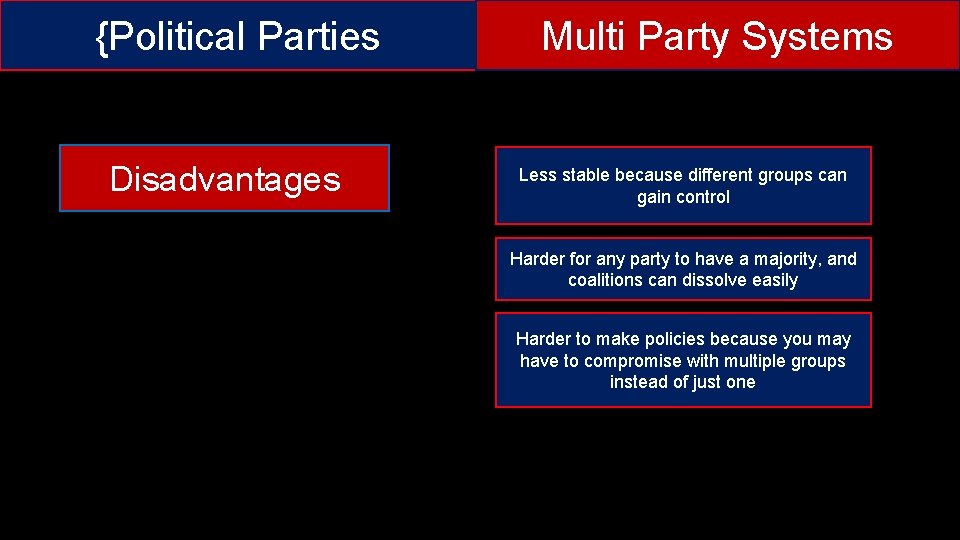 {Political Parties Disadvantages Multi Party Systems Less stable because different groups can gain control