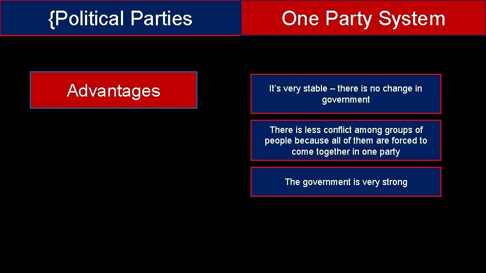 {Political Parties Advantages One Party System It’s very stable – there is no change