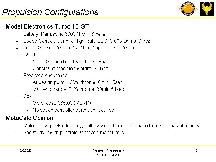 Propulsion Configurations Model Electronics Turbo 10 GT - - - Battery: Panasonic 3000 Ni.