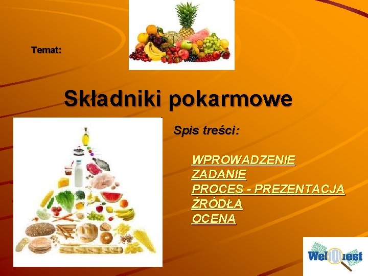 Temat: Składniki pokarmowe Spis treści: WPROWADZENIE ZADANIE PROCES - PREZENTACJA ŻRÓDŁA OCENA 