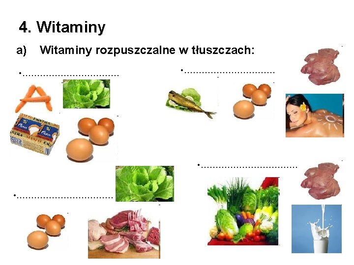 4. Witaminy a) Witaminy rozpuszczalne w tłuszczach: • …………………………… 