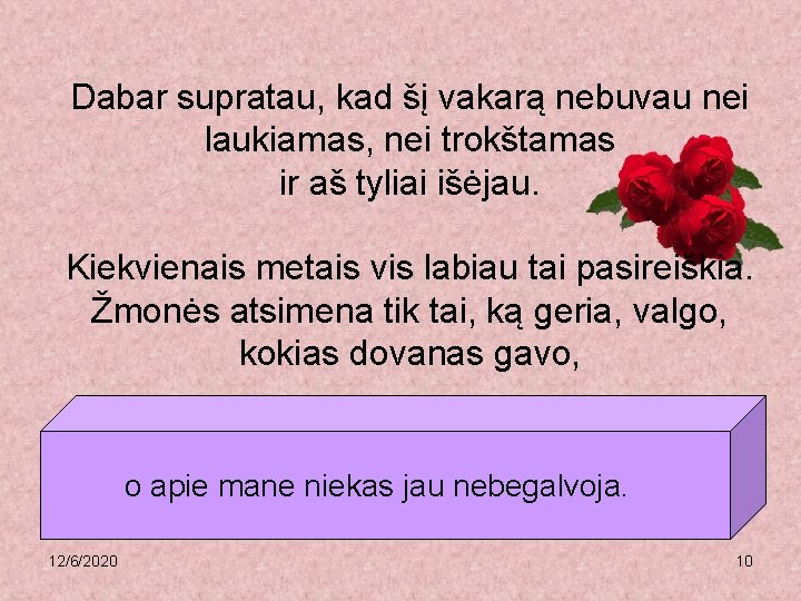 Dabar supratau, kad šį vakarą nebuvau nei laukiamas, nei trokštamas ir aš tyliai išėjau.