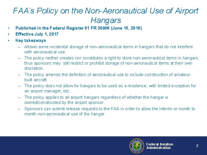 FAA’s Policy on the Non-Aeronautical Use of Airport Hangars • • • Published in