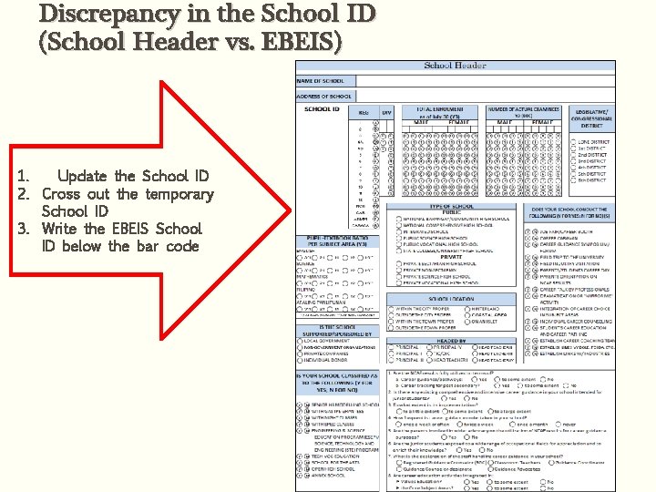 Discrepancy in the School ID (School Header vs. EBEIS) 1. Update the School ID