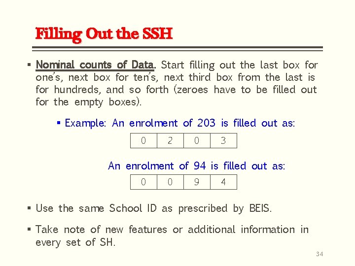 Filling Out the SSH § Nominal counts of Data. Start filling out the last