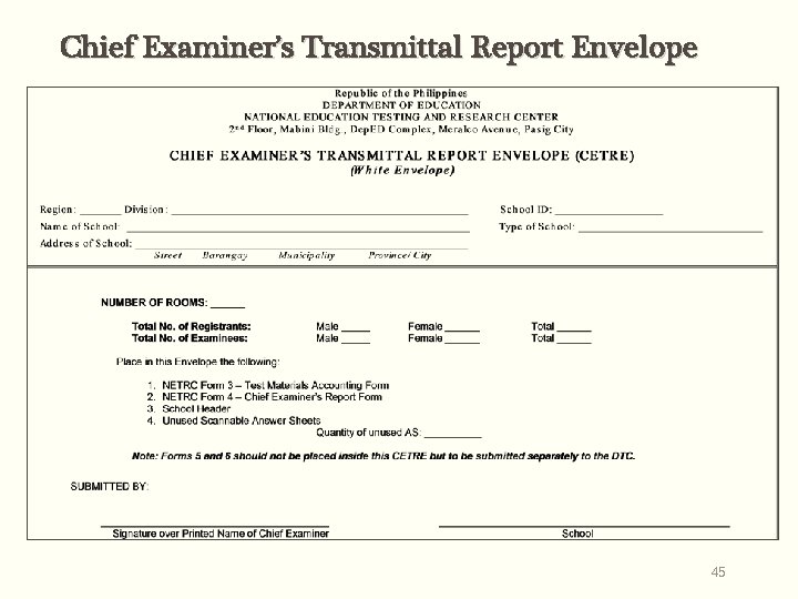 Chief Examiner’s Transmittal Report Envelope 45 