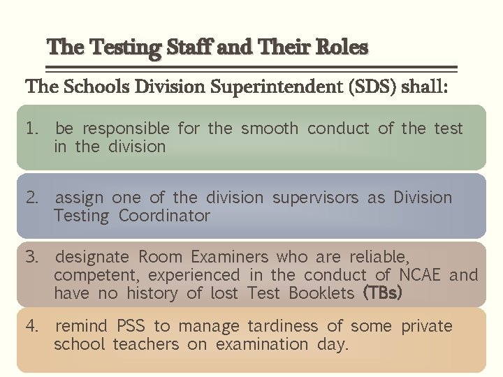 The Testing Staff and Their Roles The Schools Division Superintendent (SDS) shall: 1. be