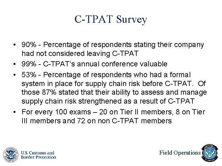 C-TPAT Survey • 90% - Percentage of respondents stating their company had not considered C-TPAT Survey • 90% - Percentage of respondents stating their company had not considered