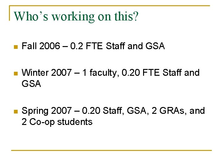 Who’s working on this? n Fall 2006 – 0. 2 FTE Staff and GSA