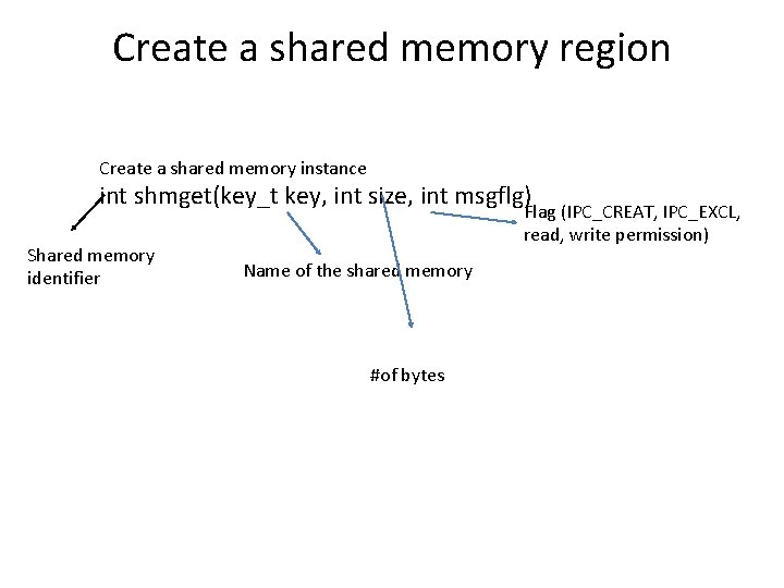 Create a shared memory region Create a shared memory instance int shmget(key_t key, int