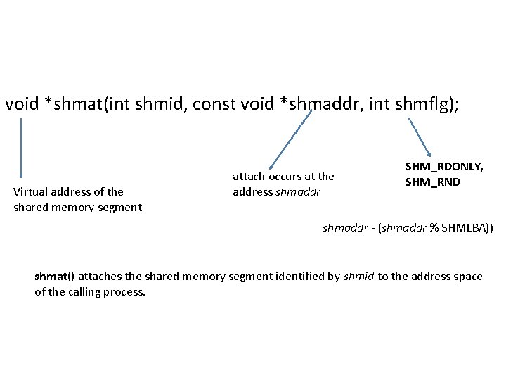 void *shmat(int shmid, const void *shmaddr, int shmflg); Virtual address of the shared memory