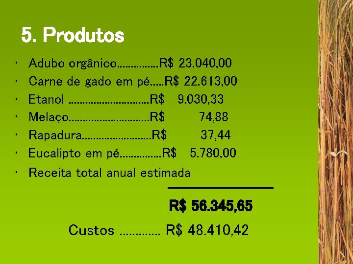 5. Produtos • • Adubo orgânico. . . . R$ 23. 040, 00 Carne