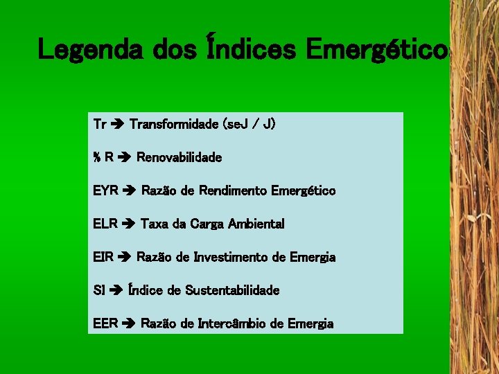 Legenda dos Índices Emergéticos Tr Transformidade (se. J / J) % R Renovabilidade EYR