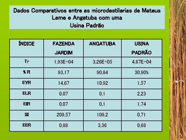 Dados Comparativos entre as microdestilarias de Mateus Leme e Angatuba com uma Usina Padrão