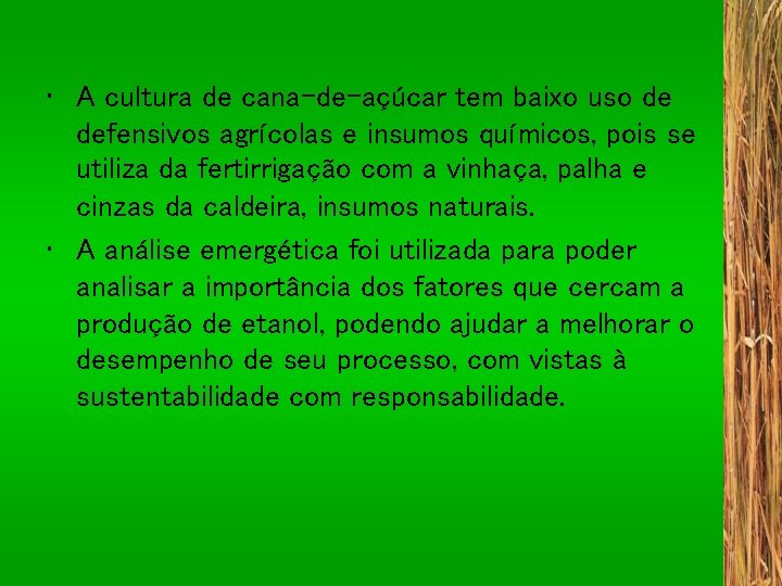  • A cultura de cana-de-açúcar tem baixo uso de defensivos agrícolas e insumos