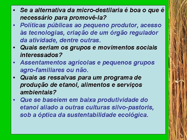  • Se a alternativa da micro-destilaria é boa o que é necessário para