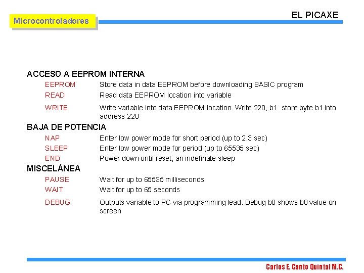 EL PICAXE Microcontroladores ACCESO A EEPROM INTERNA EEPROM READ Store data in data EEPROM