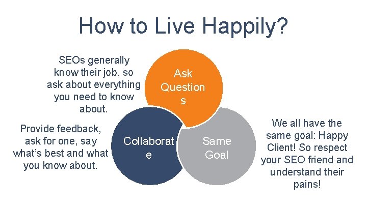 How to Live Happily? SEOs generally know their job, so ask about everything you