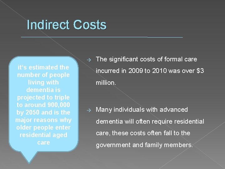 Indirect Costs → it‘s estimated the number of people living with dementia is projected