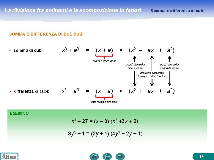 La divisione tra polinomi e la scomposizione in fattori Somma e differenza di cubi