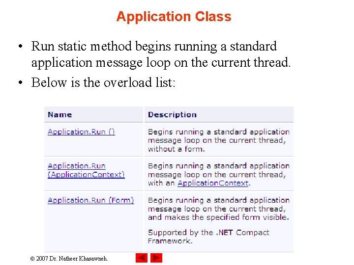 Application Class • Run static method begins running a standard application message loop on