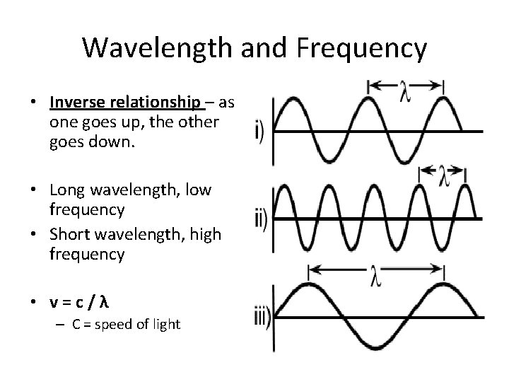 Wavelength and Frequency • Inverse relationship – as one goes up, the other goes