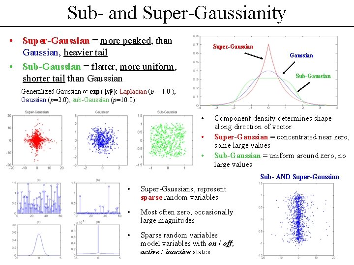 Sub- and Super-Gaussianity • Super-Gaussian = more peaked, than Gaussian, heavier tail • Sub-Gaussian